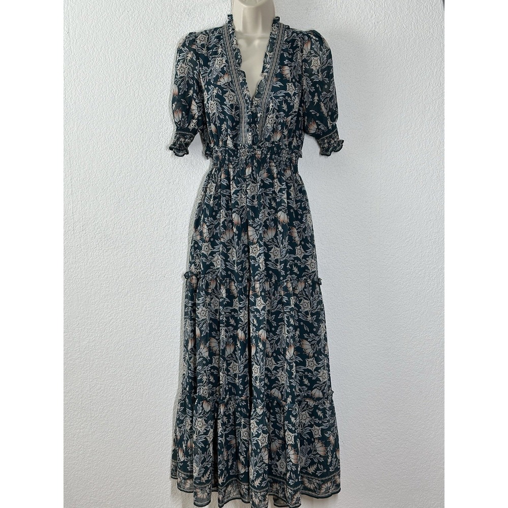 Cottagecore Green Floral‎ Smocked Waist Short Sleeve Maxi Dress Boho Coquette S